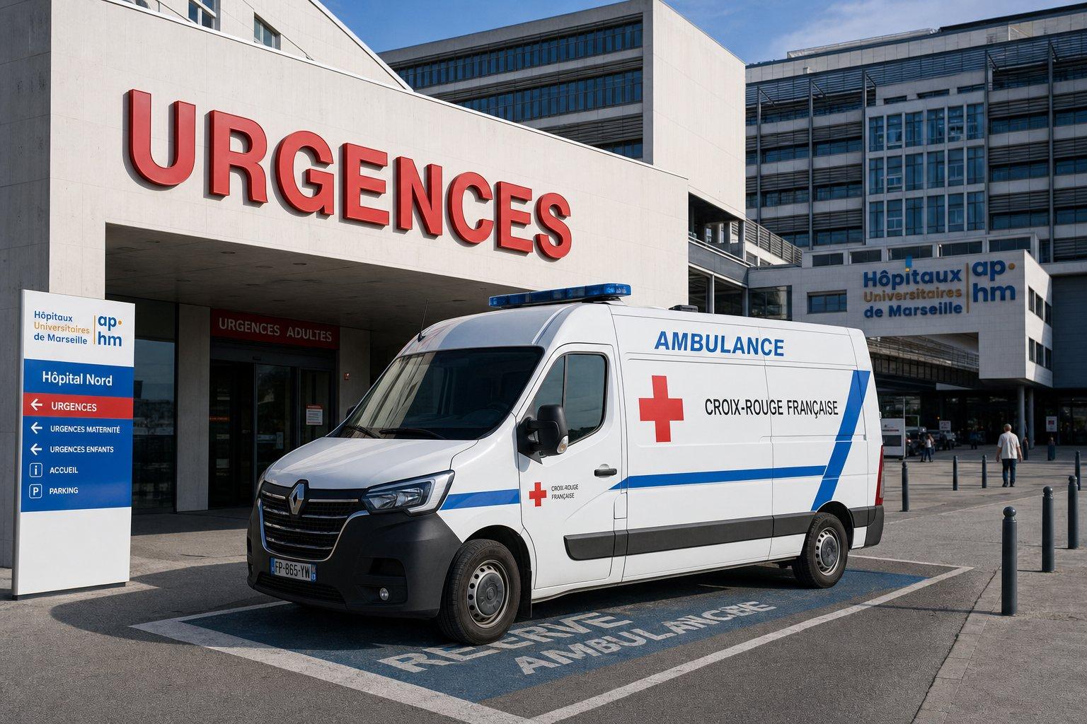 Ambulance privée conventionnée circulant dans Marseille avec le Vieux-Port en arrière-plan