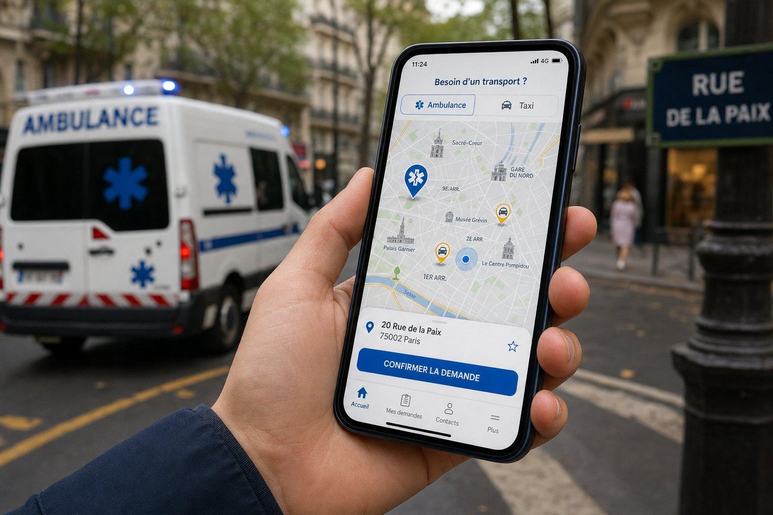 Carte de géolocalisation affichant des ambulances disponibles à proximité sur un smartphone