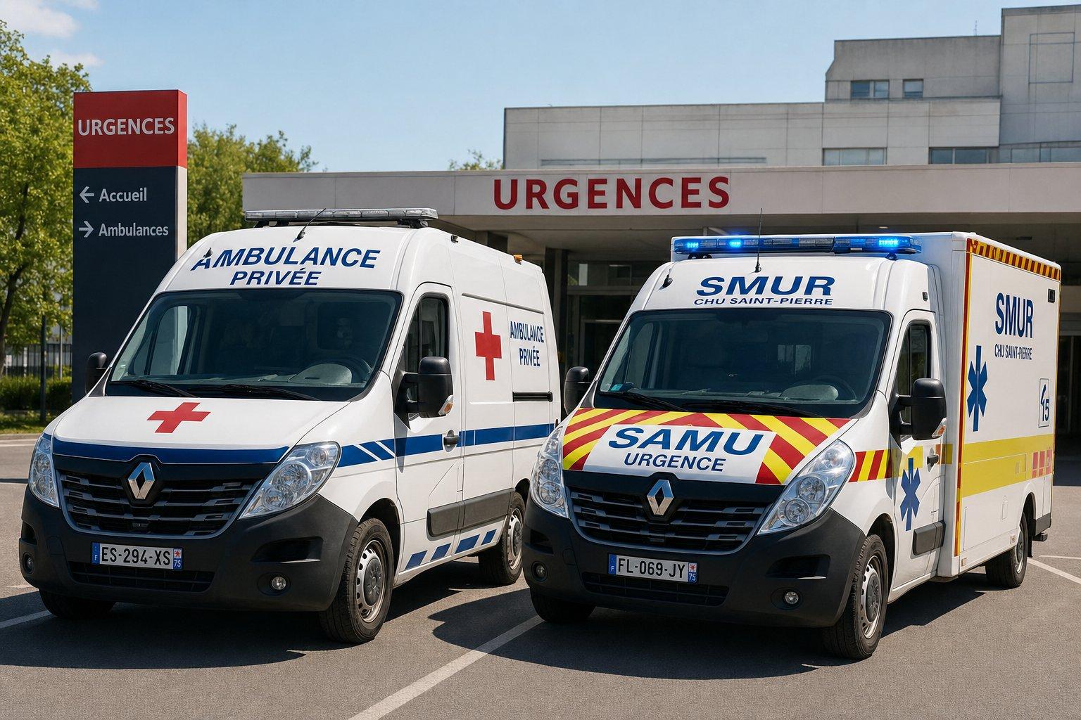 Ambulance privée et véhicule de secours public stationnés côte à côte devant un hôpital