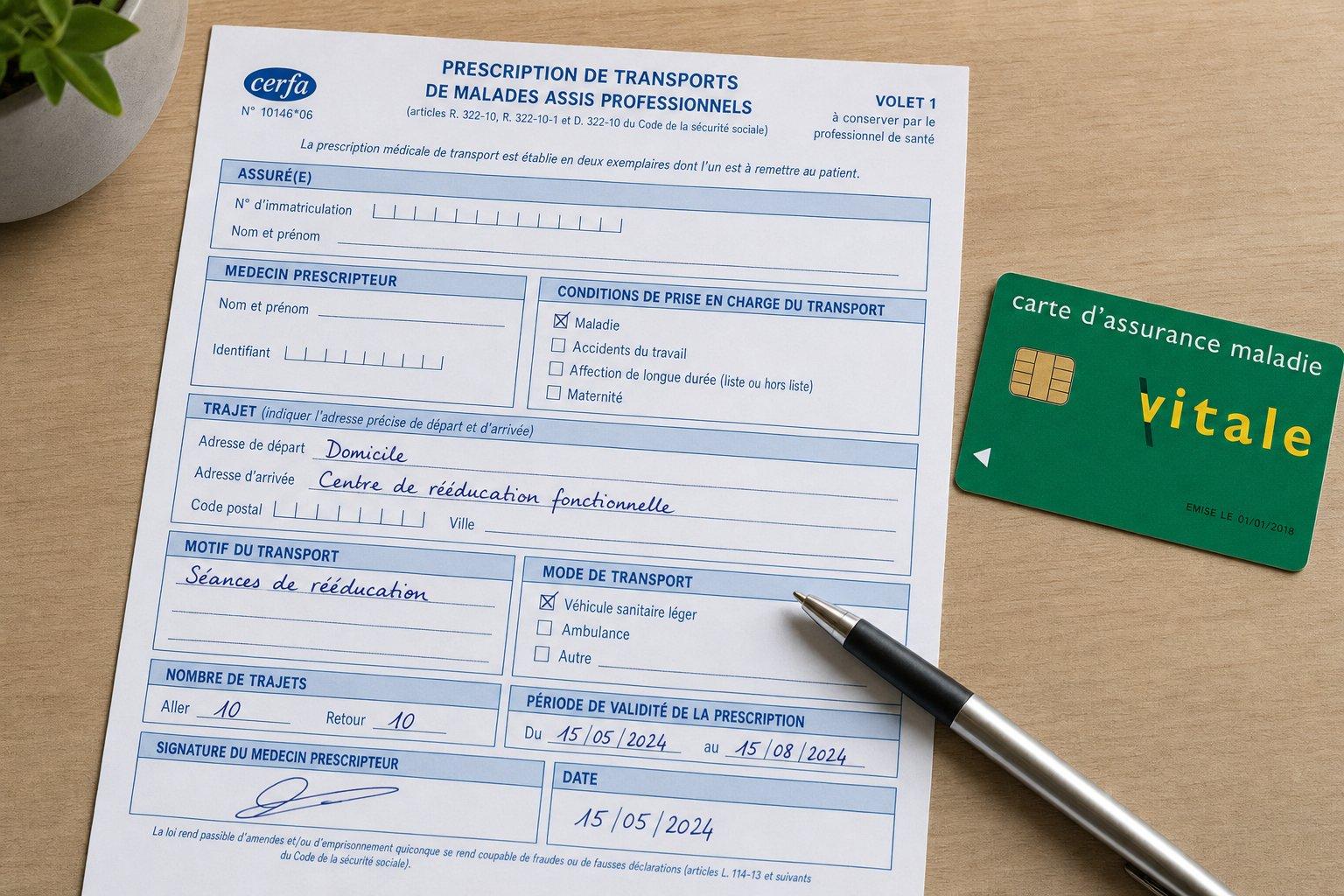 Formulaire CERFA 11574 de prescription médicale de transport rempli posé sur un bureau