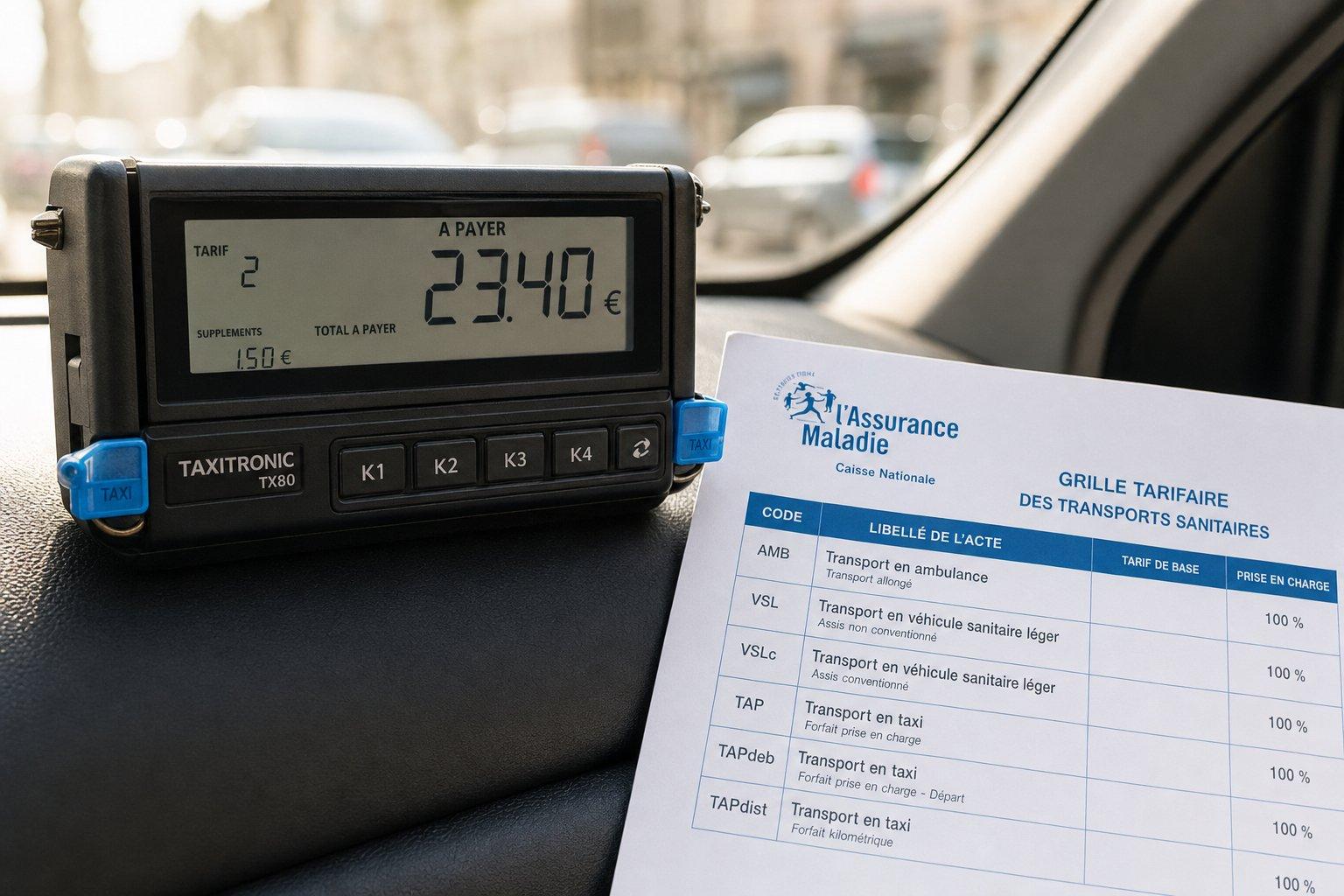 Compteur de taxi conventionné et document de prescription médicale posés sur un tableau de bord