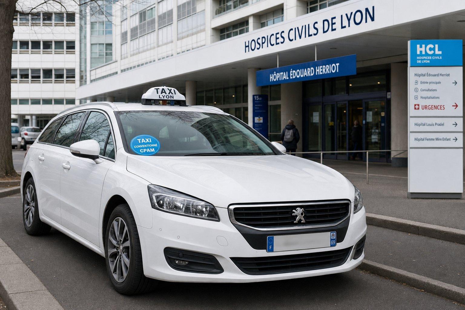Taxi conventionné circulant dans une rue de Lyon avec la colline de Fourvière en arrière-plan