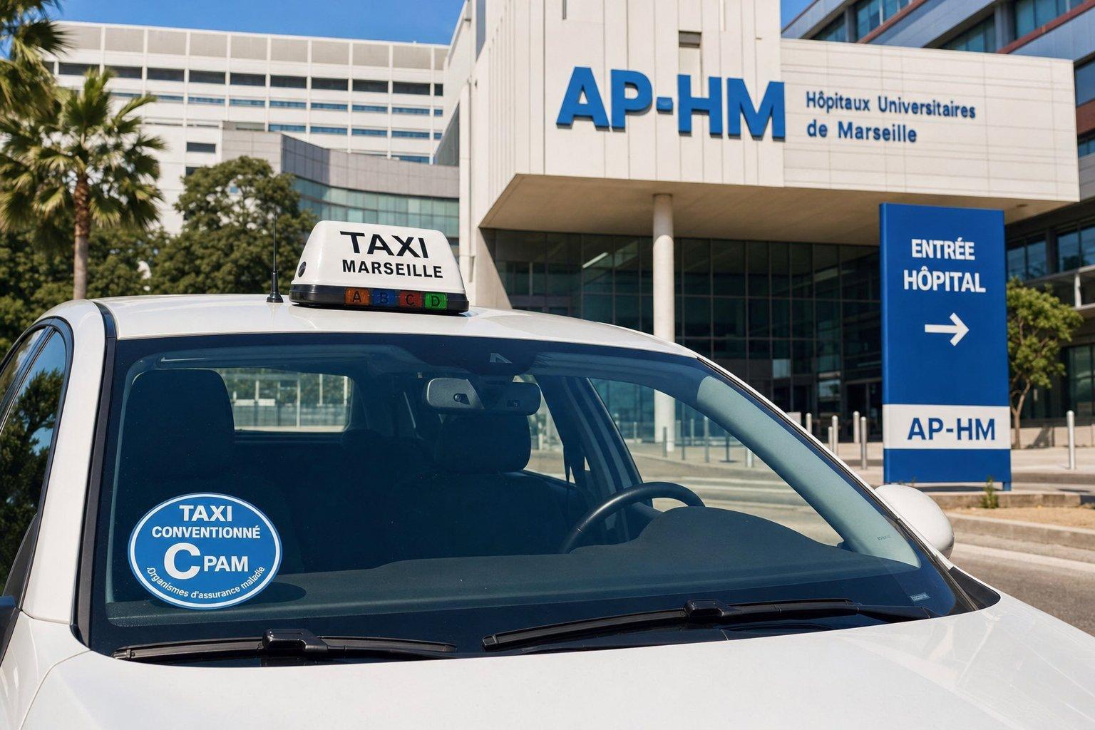 Taxi conventionné devant un hôpital de l'AP-HM à Marseille avec le ciel méditerranéen
