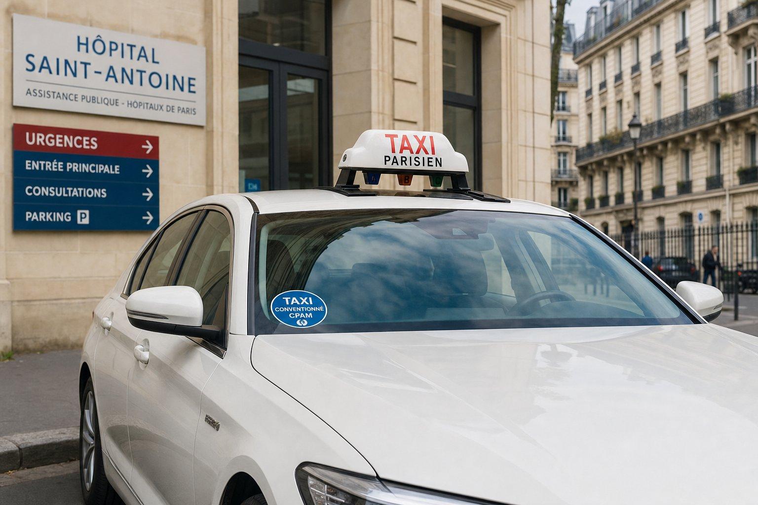 Taxi conventionné stationné devant un hôpital parisien sous un ciel clair