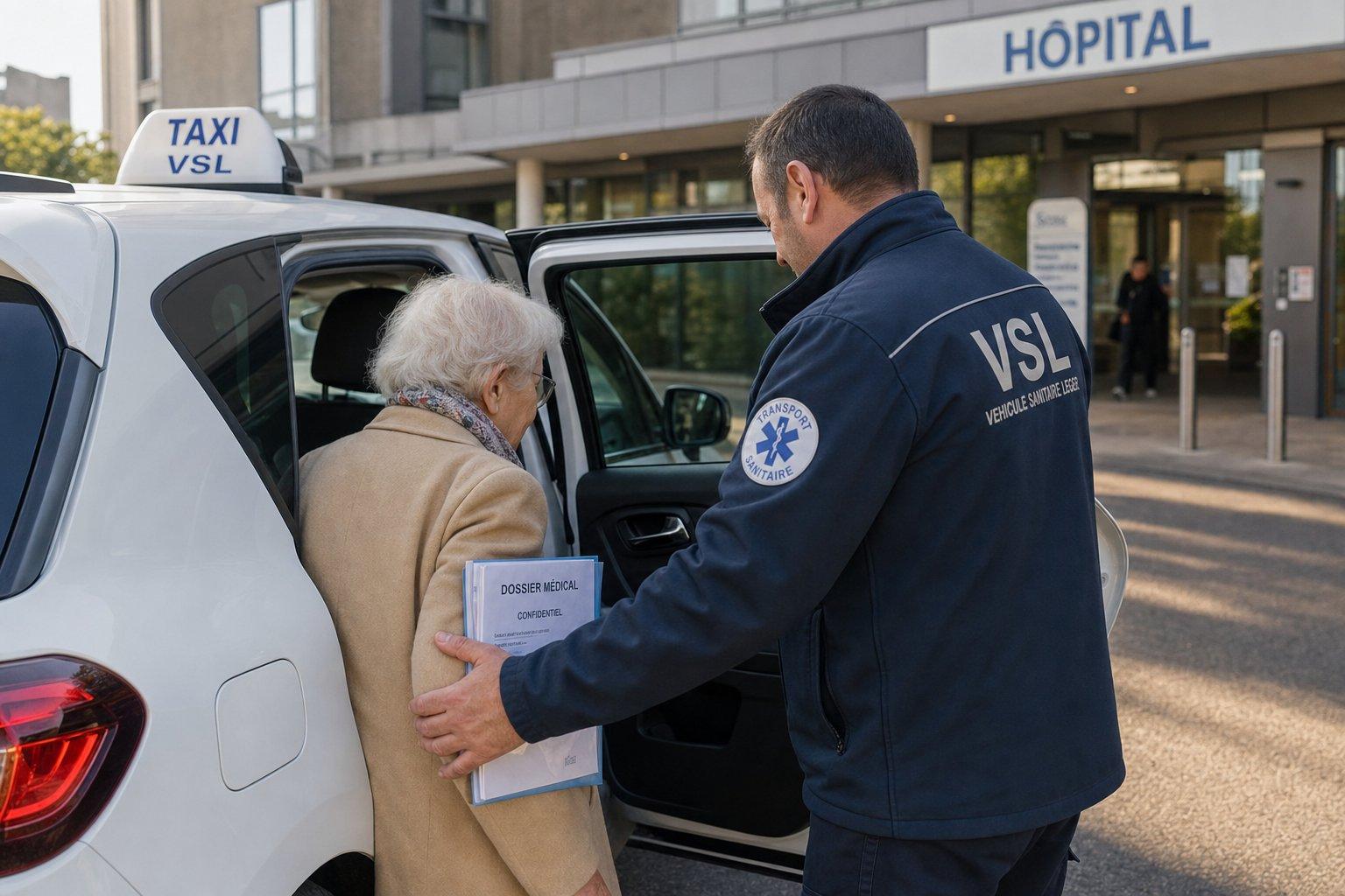 Patient en affection de longue durée montant dans un véhicule de transport sanitaire conventionné