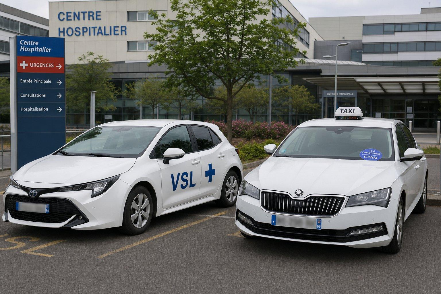Véhicule sanitaire léger et taxi conventionné stationnés côte à côte devant un centre de soins